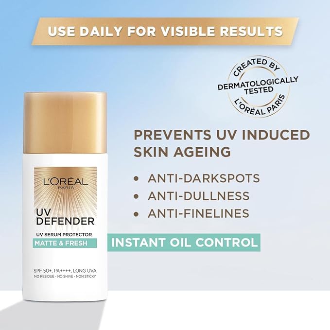 L’Oréal Paris Sunscreen, Lightweight Matte Sunscreen For Oily Skin, UVA & UVB Protection, With SPF 50 PA+++, Matte & Fresh, UV Defender Serum Protector, 50 ml