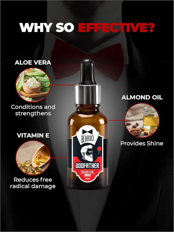 Beardo Godfather Lite Beard and Moustache Oil, 30 ml | Beard Oil for men | Non-Sticky, Light; Almond Oil, Aloe vera, Vitamin E, Shiny Nourished Beards