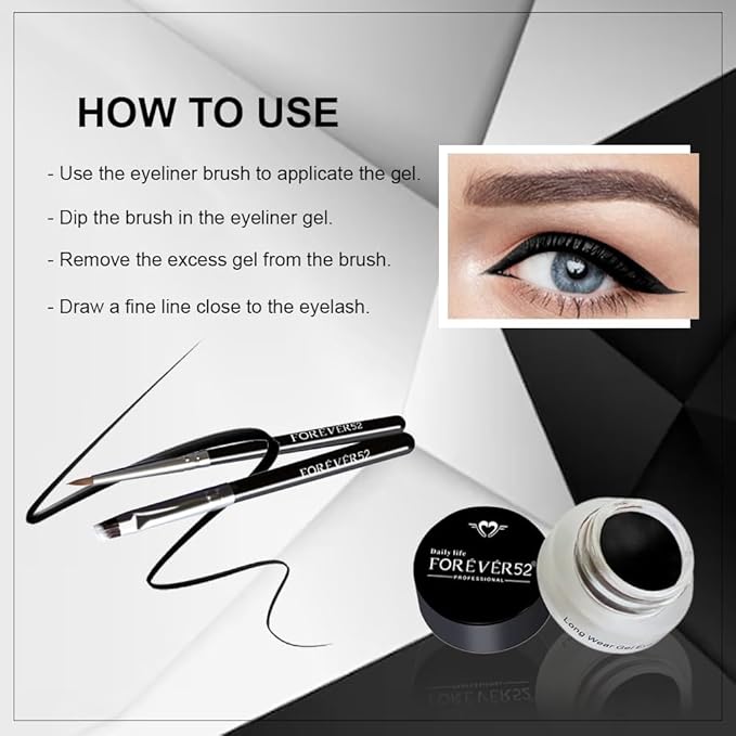 Daily Life Forever52 Long Wear Gel Eyeliner & Tattoo, Waterproof Smudgeproof Long Lasting Cream Eyeliner Gel with 2PCS Brushes for Smooth Aplication (Jet Black GT001)