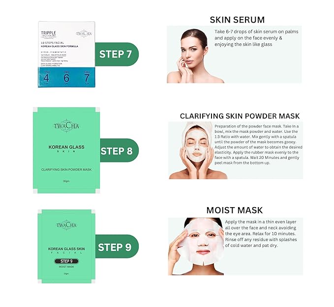 Twacha 10 Steps Facial Kit For KOREAN GLASS SKIN With Glycolic - Salicyclic Acid Instant Brightening Replenishing Glowing Skin Remove Patchy Pigmentation & Get Younger Firmer & Glowing Skin