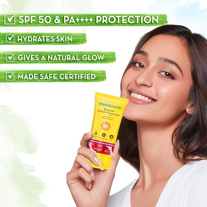 Mamaearth Beetroot Hydraful Sunscreen With Hyaluronic Acid | SPF 50 & PA++++ | UVA & B Protection | Tan Protection | Hydrates Skin | No white cast | For Oily, Combination & Dry Skin | 50 g