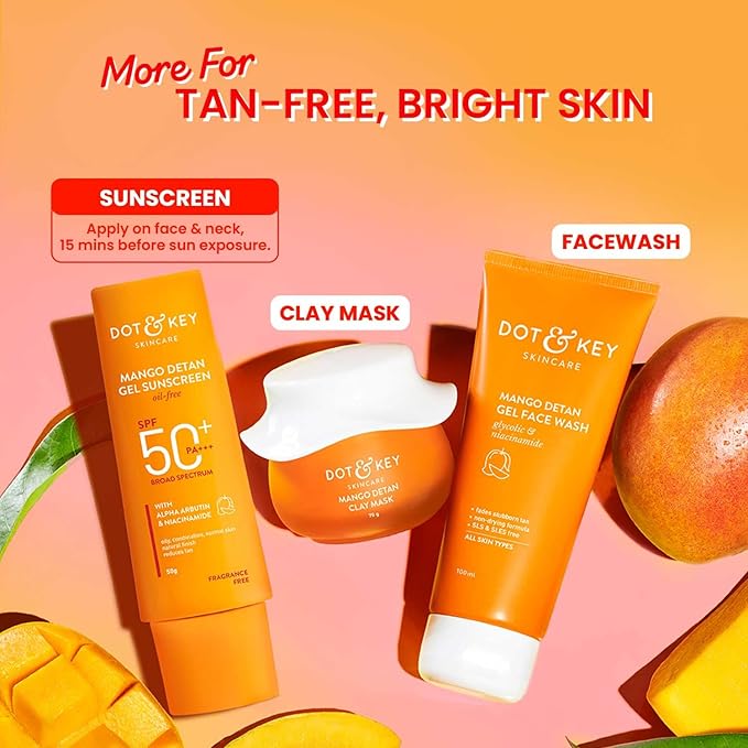 Dot & Key Mango Detan Gel Sunscreen SPF 50+ PA+++ 80g | Oil-Free, With Alpha-Arbutin & Niacinamide | Controls Tanning, Brightens Skin | Fades Dark Spots, Water Resistant 80gm