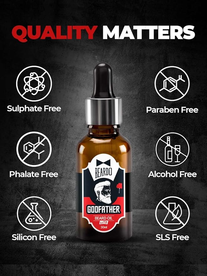 Beardo Godfather Lite Beard and Moustache Oil, 30 ml | Beard Oil for men | Non-Sticky, Light; Almond Oil, Aloe vera, Vitamin E, Shiny Nourished Beards