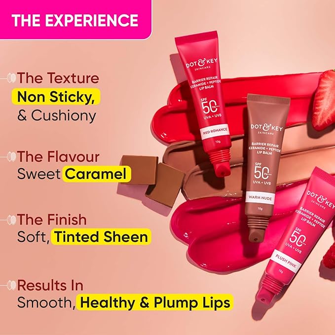 Dot & Key Ceramide & Peptide Barrier Repair Lip Balm SPF 50, PA+++ | Warm Nude | UVA/UVB Lip Protection | Soft Tinted Lip Moisturizer | Boosts Collagen & Instantly Plumps Lip | Prevents Pigmentation| Lip Balm for Women | 10gm