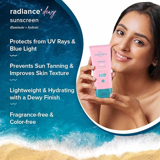 Aqualogica Radiance+ Dewy Sunscreen SPF 50+ PA+++ | Lightweight texture for oily, combination, acne prone skin