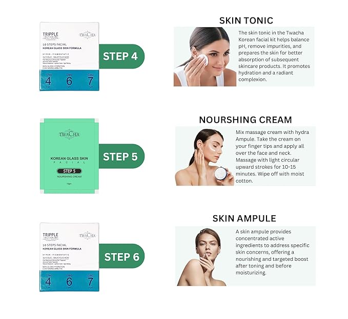 Twacha 10 Steps Facial Kit For KOREAN GLASS SKIN With Glycolic - Salicyclic Acid Instant Brightening Replenishing Glowing Skin Remove Patchy Pigmentation & Get Younger Firmer & Glowing Skin