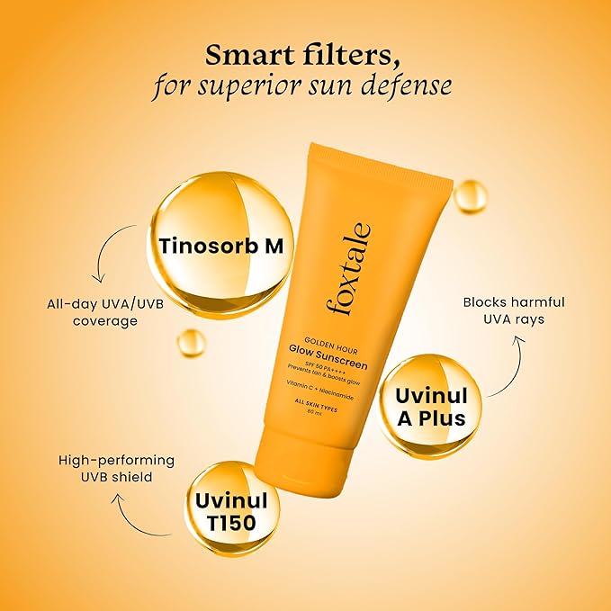 Foxtale SPF 50 Vitamin C & Niacinamide Glow Sunscreen with PA++++ | Lightweight, Fast Absorbing | UVA & UVB Filters | Prevents Tanning, No White Cast | Non-Greasy