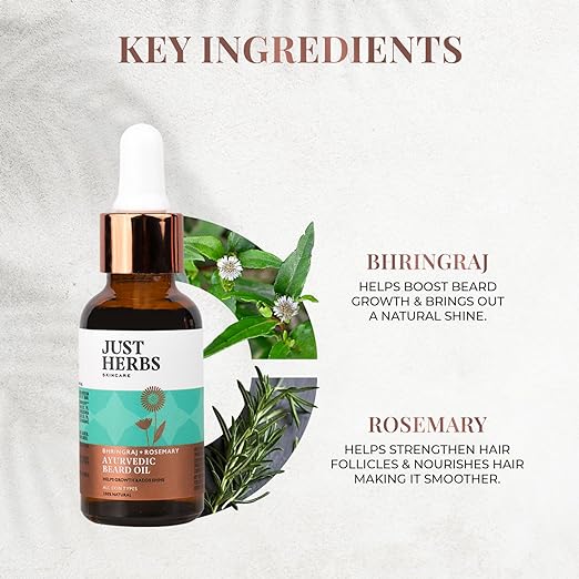 Just Herbs Ayurvedic Beard Oil for Growing Beard Faster with Bhringraj and Rosemary 30 ml