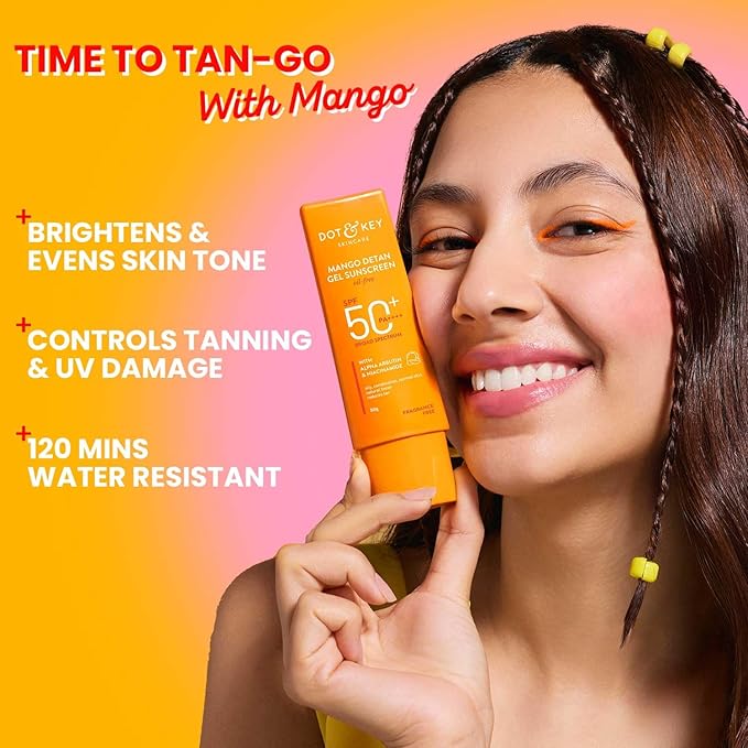 Dot & Key Mango Detan Gel Sunscreen SPF 50+ PA+++ 80g | Oil-Free, With Alpha-Arbutin & Niacinamide | Controls Tanning, Brightens Skin | Fades Dark Spots, Water Resistant 80gm
