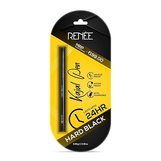RENEE Hard Black Kajal Pen | 24 Hrs Stay Long Lasting Super Black Kajal Pencil 0.35gm, Matte Finish, Rich Color Payoff, Smudge & Water Proof
