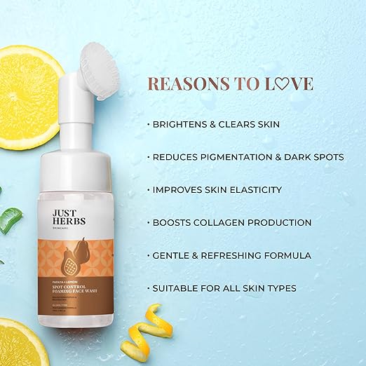 Just Herbs Brightening Foaming Face Wash With Vitamin C, Papaya and Lemon for Dark spot Reduction and Clear Skin - 100ml
