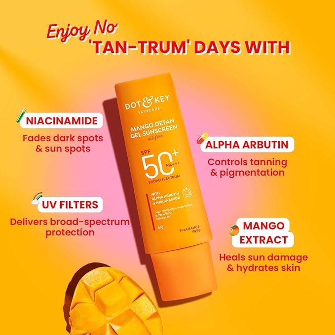 Dot & Key Mango Detan Gel Sunscreen SPF 50+ PA+++ 80g | Oil-Free, With Alpha-Arbutin & Niacinamide | Controls Tanning, Brightens Skin | Fades Dark Spots, Water Resistant 80gm