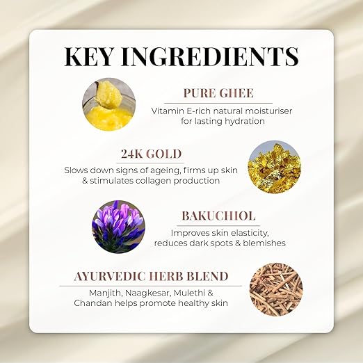 Just Herbs 24K Gold with Pure Ghee Deep Nourish Body Butter Cream for Anti Ageing | Improve Skin Elasticity | Reduce Dullness & Blemishes