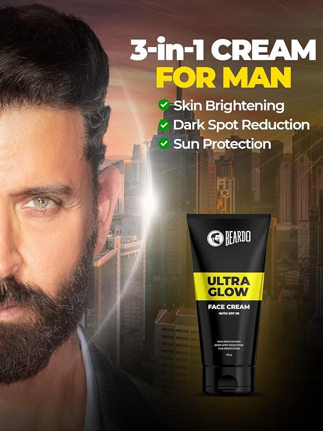 Beardo Ultraglow All In One Face Cream - SPF 30, Skin Brightening, Dark Spot Reduction, For Men, 60 g