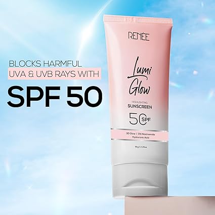 RENEE Lumi Glow Highlighting Sunscreen SPF 50, UVA & UVB Protection, Infused with 3% Niacinamide & 1% Hyaluronic Acid for Luminous 3D Glow