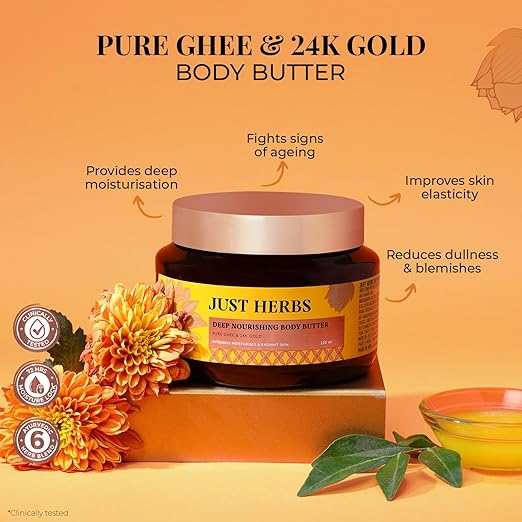 Just Herbs 24K Gold with Pure Ghee Deep Nourish Body Butter Cream for Anti Ageing | Improve Skin Elasticity | Reduce Dullness & Blemishes