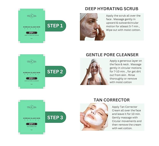 Twacha 10 Steps Facial Kit For KOREAN GLASS SKIN With Glycolic - Salicyclic Acid Instant Brightening Replenishing Glowing Skin Remove Patchy Pigmentation & Get Younger Firmer & Glowing Skin