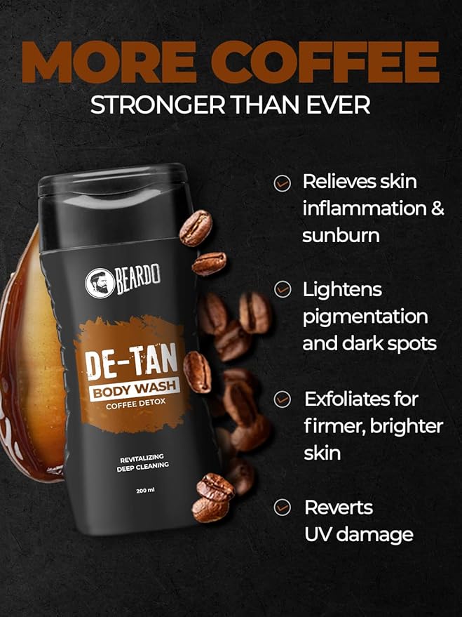 Beardo De-Tan Body Wash for Men, 200ml | Tan Removal and Caffeine Body Wash | Detan With Coffee & Aloe Extracts | For Body & Face | Refreshing Fragrance