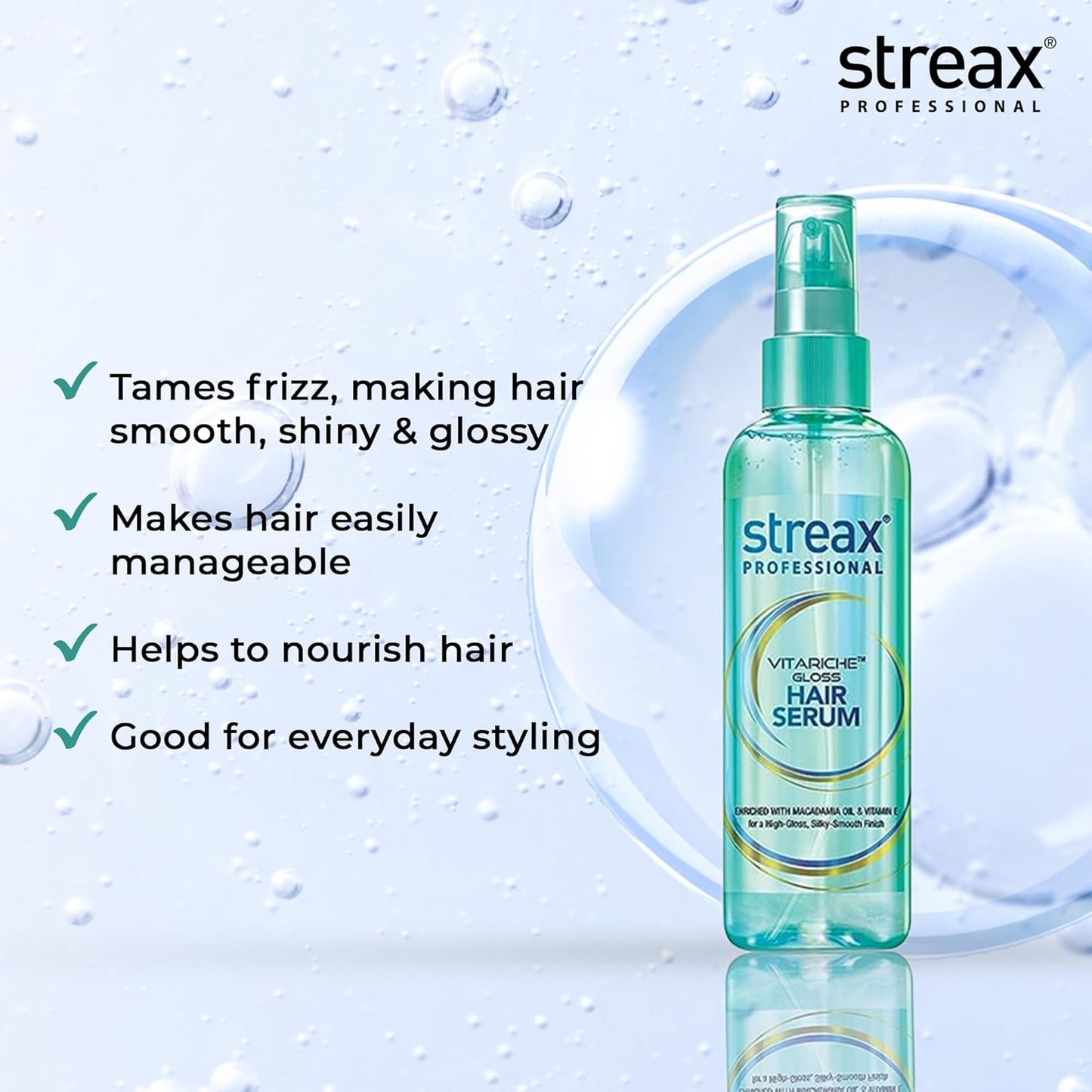 Streax Professional Vitariche Gloss Hair Serum, 200ml|for Dry Frizzy Hair Enhance Shine and Smoothness, Anti Frizz With Vitamin E & Macadamia Oil