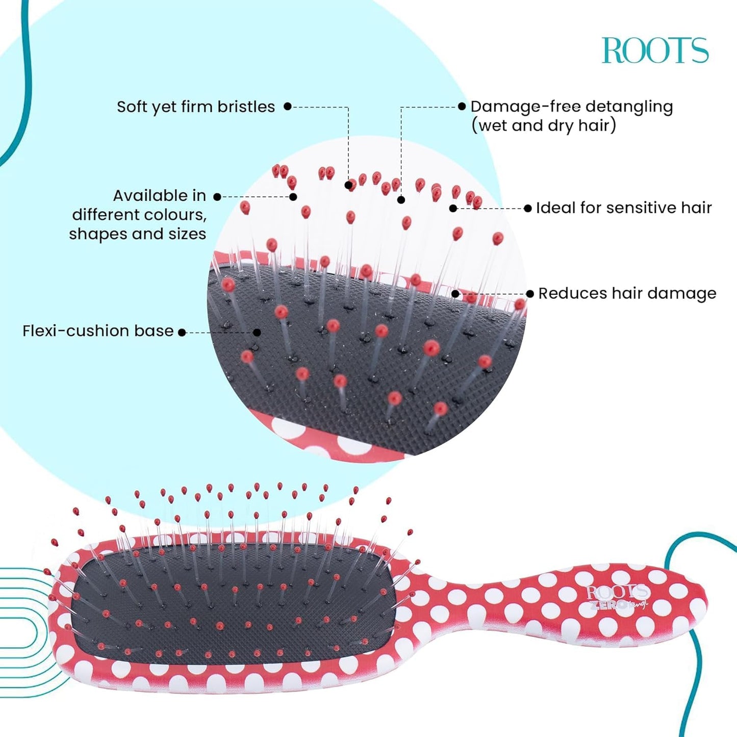 ROOTS Zero Tangle Paddle Hair Brush | Flexi Cushion Base | Soft yet Firm Bristles | Damage-Free Detangling on Sensitive/Wet/Dry Hair | Length - 7.08 Inch, Model No - RZTX-RP