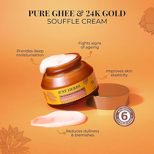 Just Herbs 24K Gold with Pure Ghee Souffle Day Cream for Deep Nourish Moisturising Anti Ageing 50gm