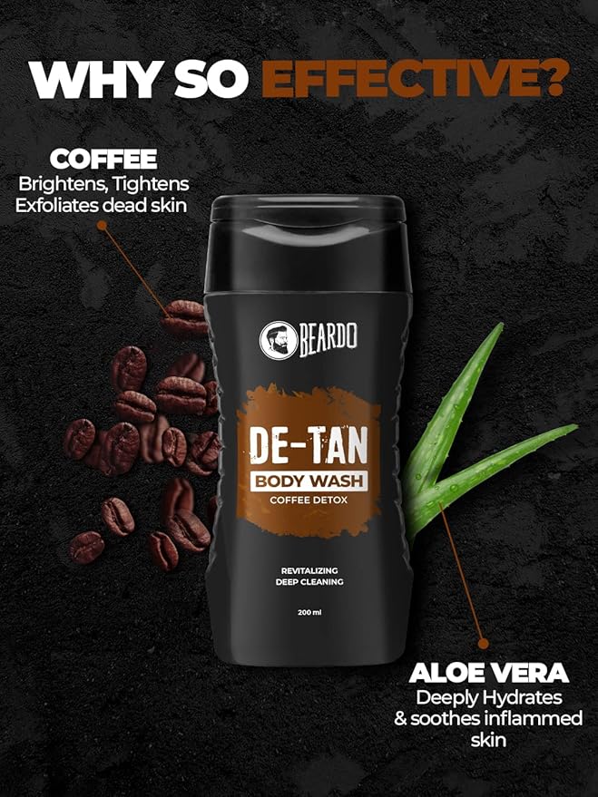 Beardo De-Tan Body Wash for Men, 200ml | Tan Removal and Caffeine Body Wash | Detan With Coffee & Aloe Extracts | For Body & Face | Refreshing Fragrance
