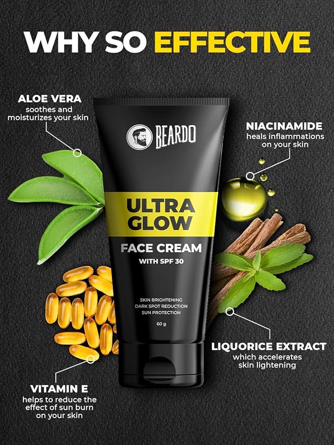 Beardo Ultraglow All In One Face Cream - SPF 30, Skin Brightening, Dark Spot Reduction, For Men, 60 g