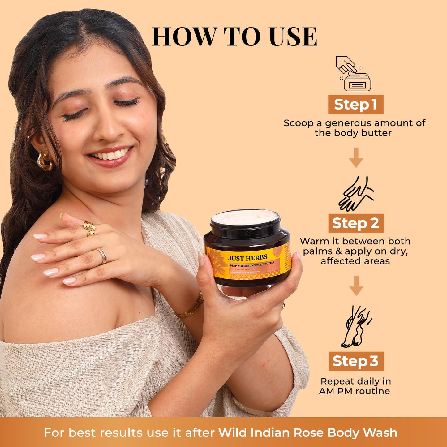 Just Herbs 24K Gold with Pure Ghee Deep Nourish Body Butter Cream for Anti Ageing | Improve Skin Elasticity | Reduce Dullness & Blemishes