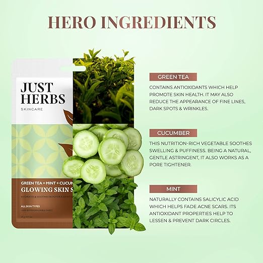 Just Herbs Sheet Mask Glowing Skin Serum Masks, 20g (Green Tea, Mint, Cucumber)