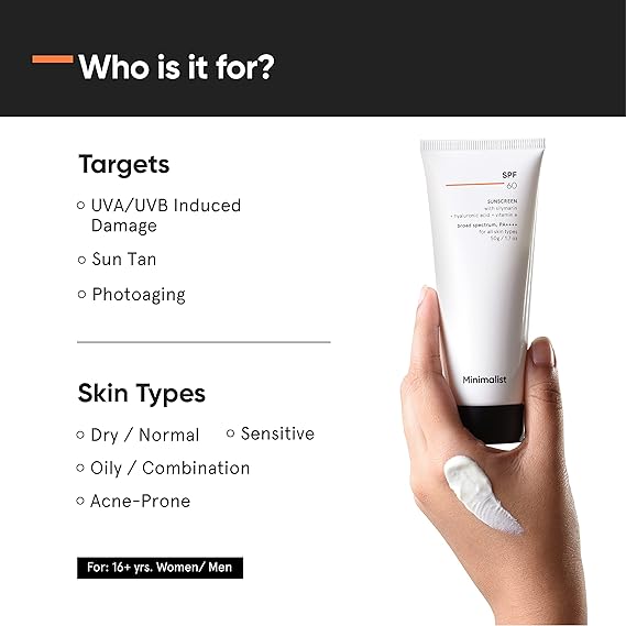 Minimalist Sunscreen SPF 60 PA ++++ | For Sensitive Skin | Pregnancy Safe | Photo stable | Broad Spectrum Sunscreen SPF 50+ With Potent Antioxidants & Advanced Filters | No White Cast | Non Irritant | 50 gm
