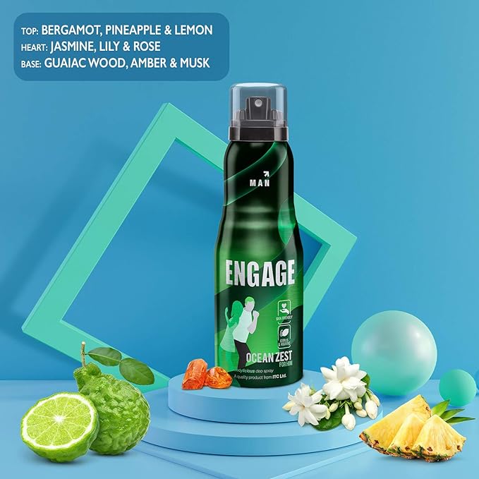 Engage Ocean Zest Deodorant for Men, Citrus and Aquatic, Skin Friendly Deo, 165ml Body Spray