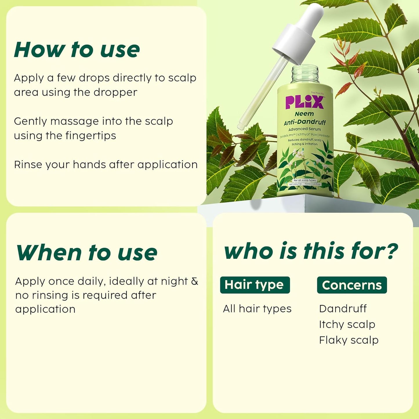 PLIX - THE PLANT FIX Neem Anti-Dandruff Advanced Serum | 3% Dandelix Pro™ & Ichthyol® Pale| Quick absorbing, Non-greasy & Lightweight | 50ml
