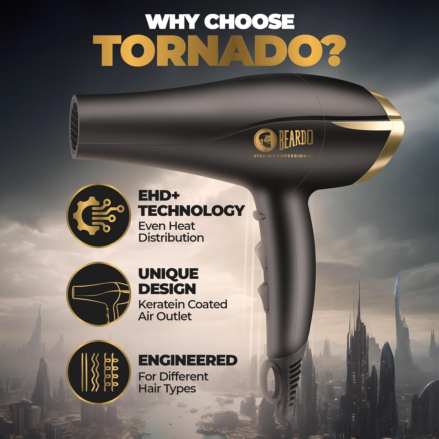 Beardo Studio Professional Tornado Hair Dryer with 2000 Watts Power | AC Motor, Concentrator, Diffuser, 2 Speeds, 3 Temperature Settings & Cool Shot feature