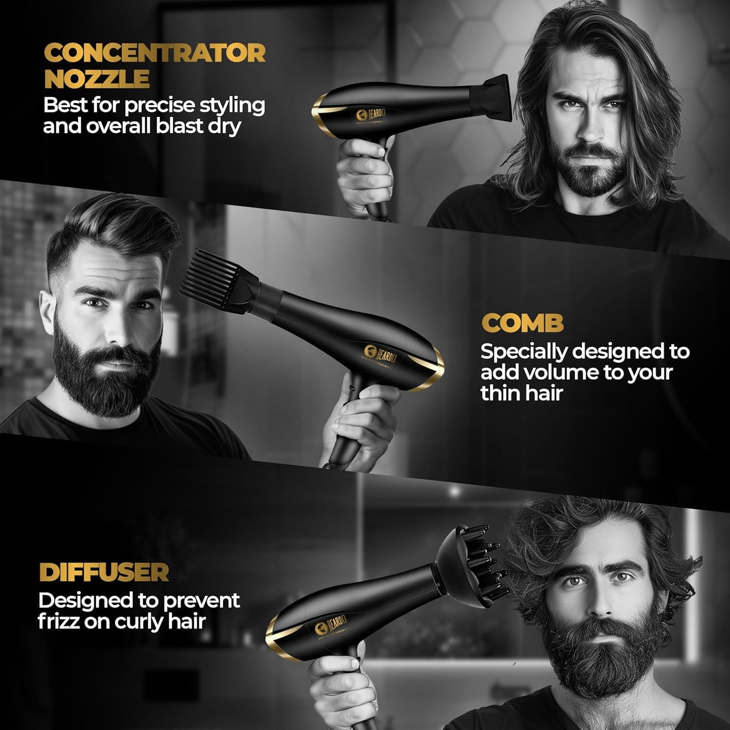 Beardo Studio Professional Tornado Hair Dryer with 2000 Watts Power | AC Motor, Concentrator, Diffuser, 2 Speeds, 3 Temperature Settings & Cool Shot feature
