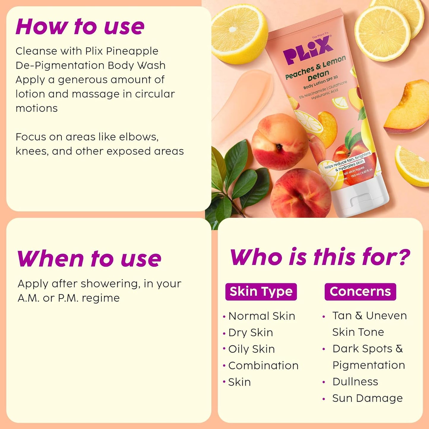 PLIX THE PLANT FIX Peaches & Lemon Detan Body Lotion with 5% Niacinamide | 150ml | Reduce Tan, Brighten & Hydrate Skin 150ml