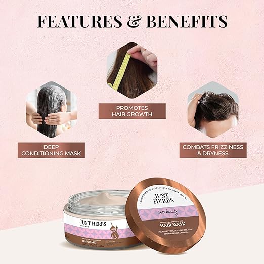 Just Herbs Anti Hairfall Natural Hair Mask with Castor & Black Onion Seed for Dandruff, Boost Hair Growth & Hair Spa - Suitable for Color Treated & All hair Types - 200gm