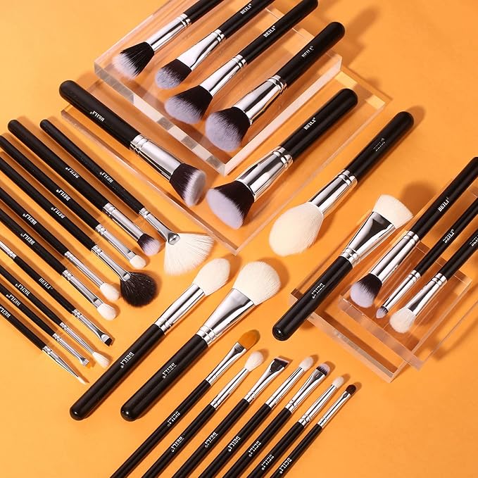 BEILI 30Pcs Professional Makeup Brush Set Original Natural-Synthetic Kabuki Foundation, Face Powder, Highlighter, Contour, Eye Shadow, Eyebrow, Eyeliner, Makeup Tools Kit (Classic Black)