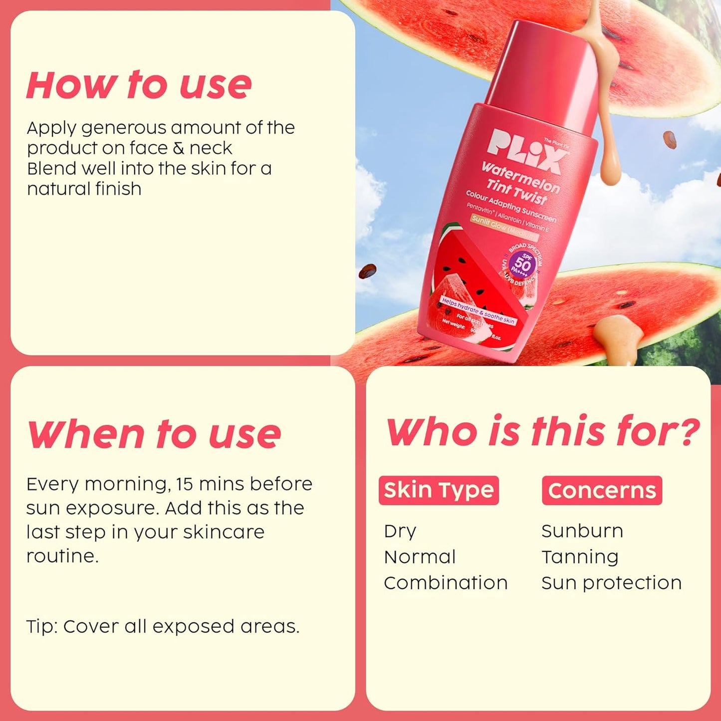 PLIX - THE PLANT FIX Watermelon Tint Twist Color-Adapting Sunscreen | For light coverage & instant glow | SPF 50 PA++++