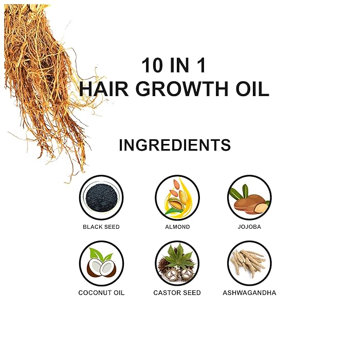 Love Earth 10 In 1 Hair Growth Oil|Soybean Oil, Black Seed Oil, Jojoba Oil, Sweet Almond Oil, Coconut Oil, Castor Seed Oil, Spikenard Oil, Ashwagandha Oil, Graecum Seed Oil, Zizanoides Root Oil|100ml