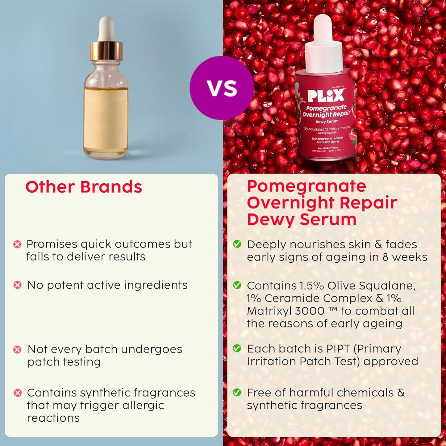 PLIX - THE PLANT FIX Pomegranate Overnight Repair Dewy Serum (30ml) for Ageless Younger Skin | Reduce Fine Lines & Wrinkles | Collagen Boosting, Hydrating Serum