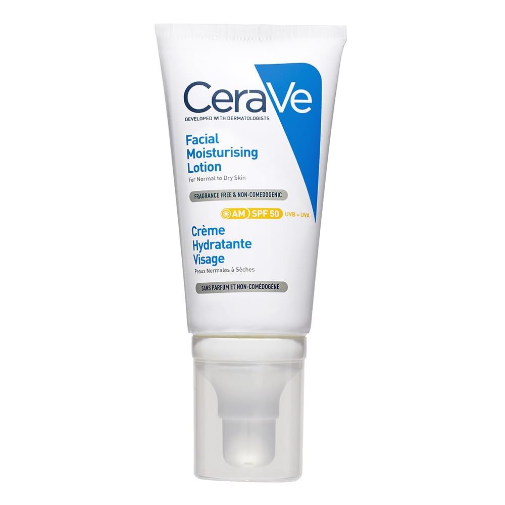 CeraVe AM Facial Moisturizing Lotion for Normal to Dry Skin, Sunscreen SPF 50, with Ceramides, Niacinamide & Hyaluronic acid 52ml