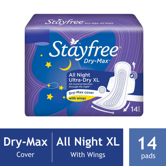 Stayfree Dry-Max All Night Ultra-Dry With Wings - XL (14 Sanitary Pads) (14 Pads)