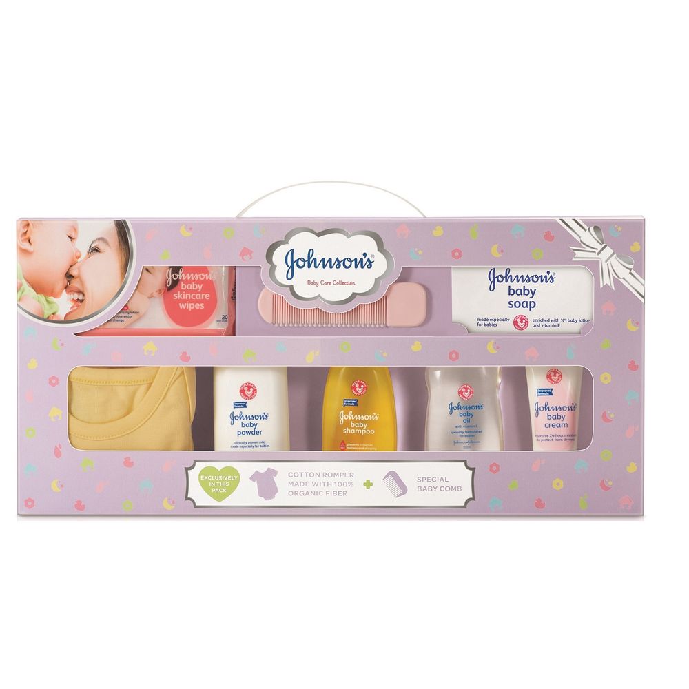Johnson's Baby Care Collection with Organic Cotton Baby Romper (8 Gift Items, Purple) (250gm+200ml)