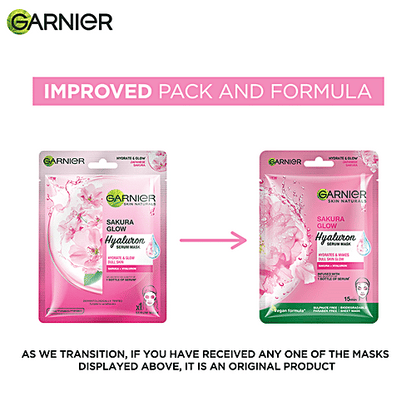 Garnier Sakura White Face Serum Sheet Mask - Hydrates & Brightens The Skin, 28 g