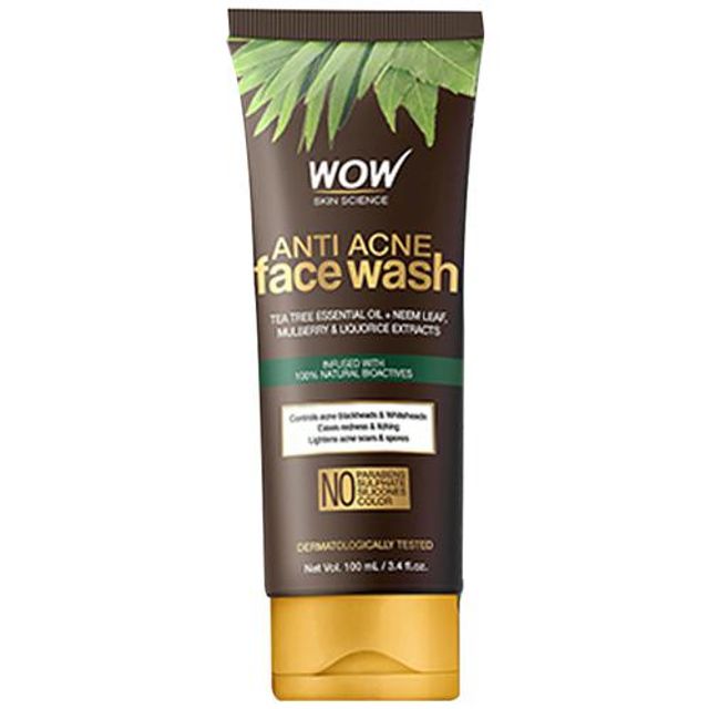 Wow Skin Science Anti-Acne Face Wash - Tea Tree Essential Oil+Neem Leaf Extract, Controls Acne, Blackheads, Redness & Itching, No Parabens & Sulphate, 100 ml