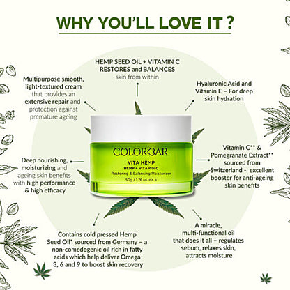 ColorBar Vita Hemp & Vitamin C Restoring & Balancing Moisturiser - Provides Radiant Skin, 50 g