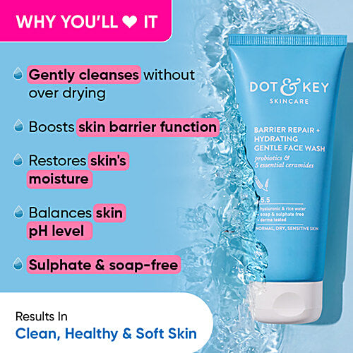 Dot & Key Barrier Repair + Hydrating Gentle Face Wash - pH 5.5, For Normal To Dry Skin, 100 ml