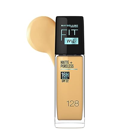 Maybelline New York Liquid Foundation, Matte Finish, With SPF, Absorbs Oil, Fit Me Matte + Poreless, 128 Warm Nude, 30 ml