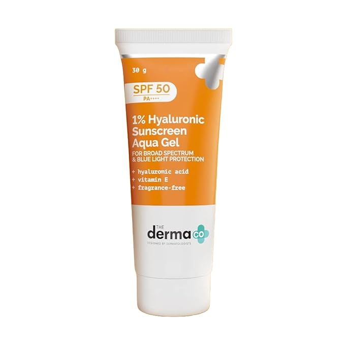 The Derma Co 1% Hyaluronic Sunscreen SPF 50 Aqua Gel, PA++++, Lightweight, No white-cast for Broad Spectrum & Blue Light Protection for Oily, Dry, Acne-prone Skin - 30g