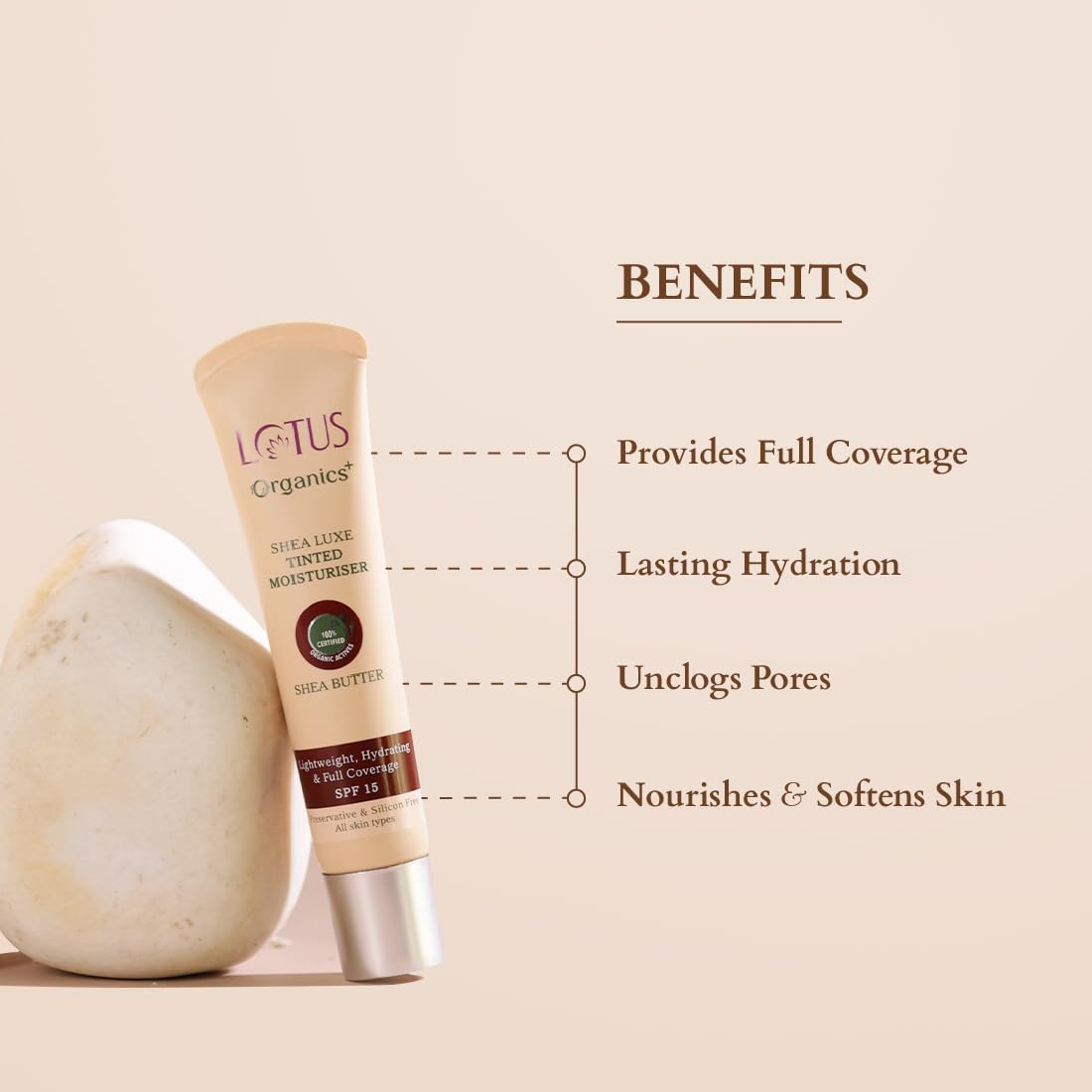 Lotus Organics+ Shea Luxe Tinted Moisturizer | 100% Certified Organic Shea Butter | Full Coverage | Provides Lasting Hydration | SPF 15 | Free From Preservatives & Artificial Fragrance (M 1)